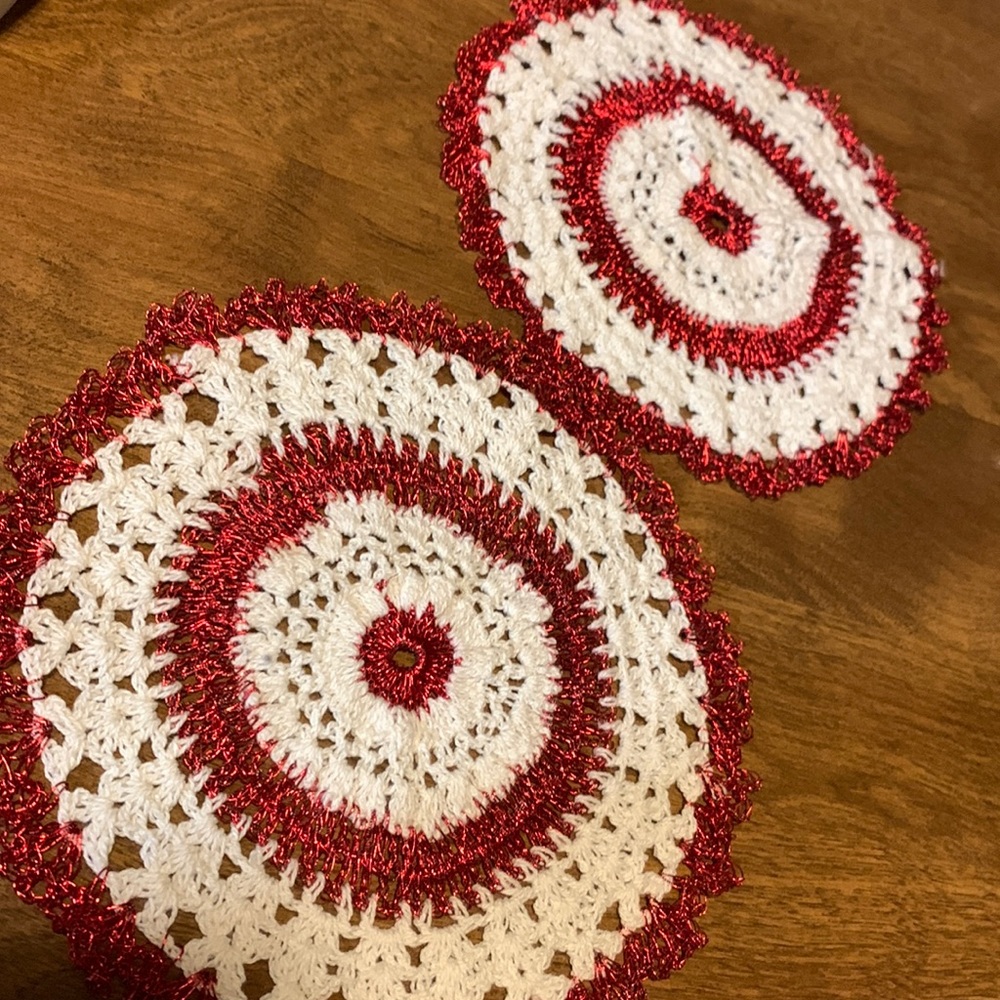 Two Round crocheted doilies red metallic and white Handmade